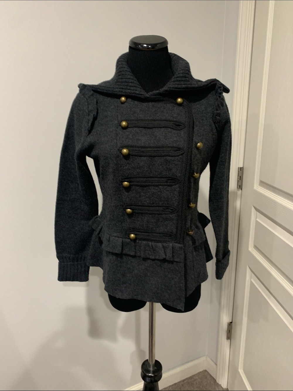 LOFT Charcoal Military-Style Knit sweater with Brass Buttons